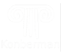 Un logotipo blanco con un pilar y la palabra konerman sobre un fondo blanco.