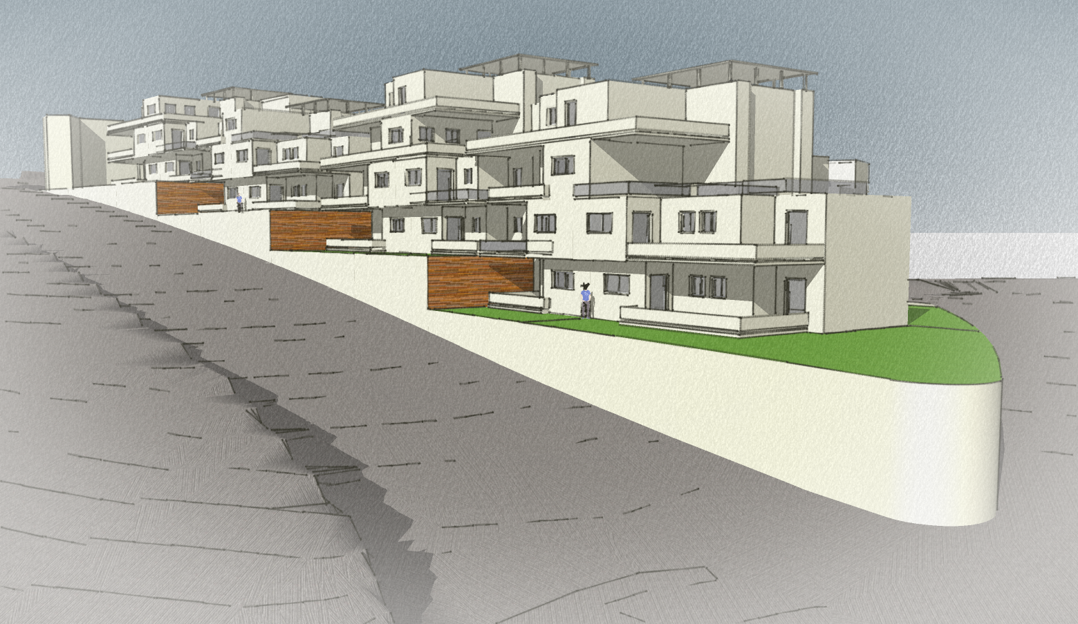 Impresión artística de una hilera de casas en una ladera.