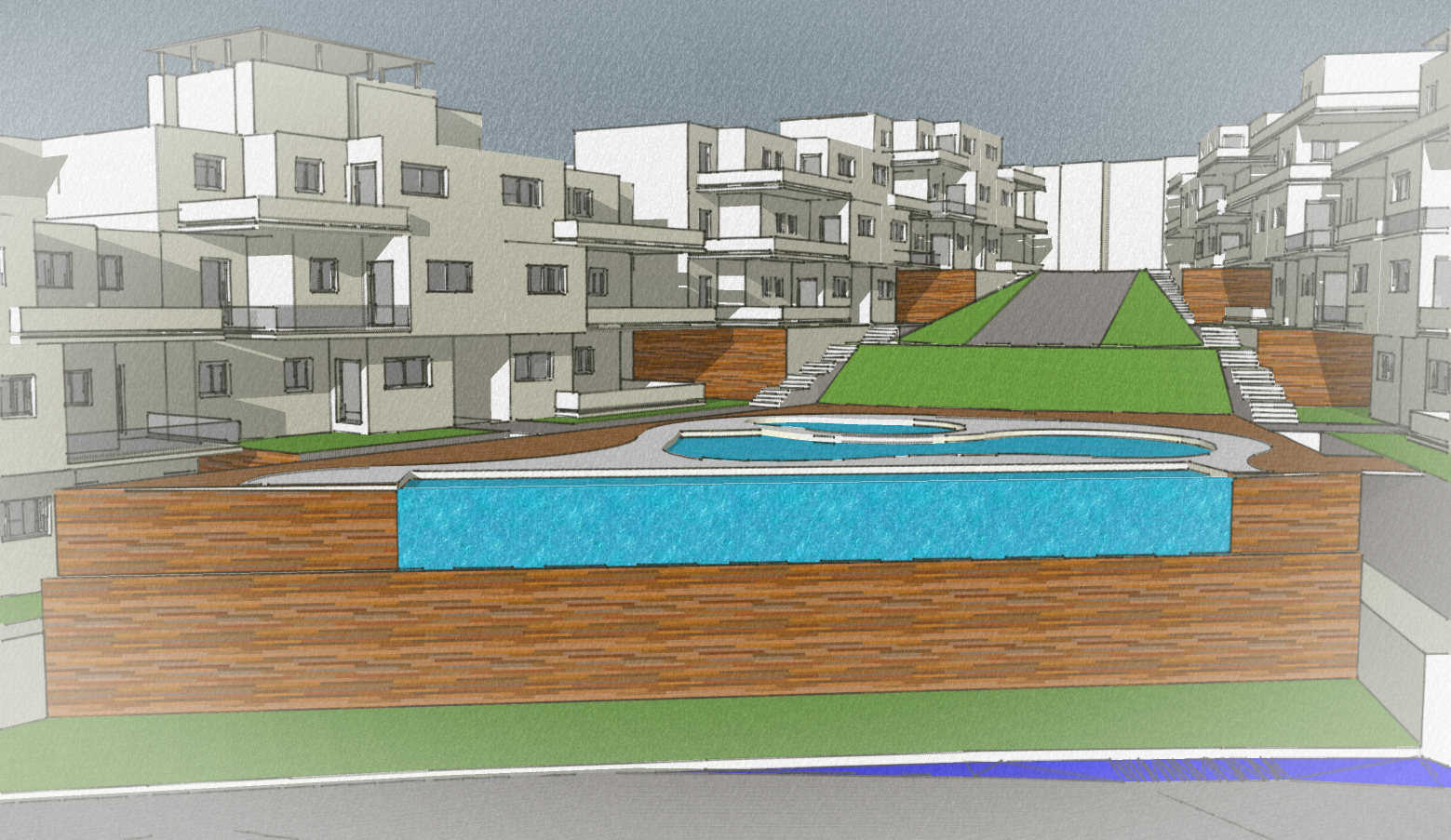 Un dibujo de un edificio con una piscina en el medio.