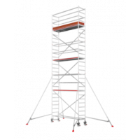 Una torre de andamios con ruedas sobre un fondo blanco.