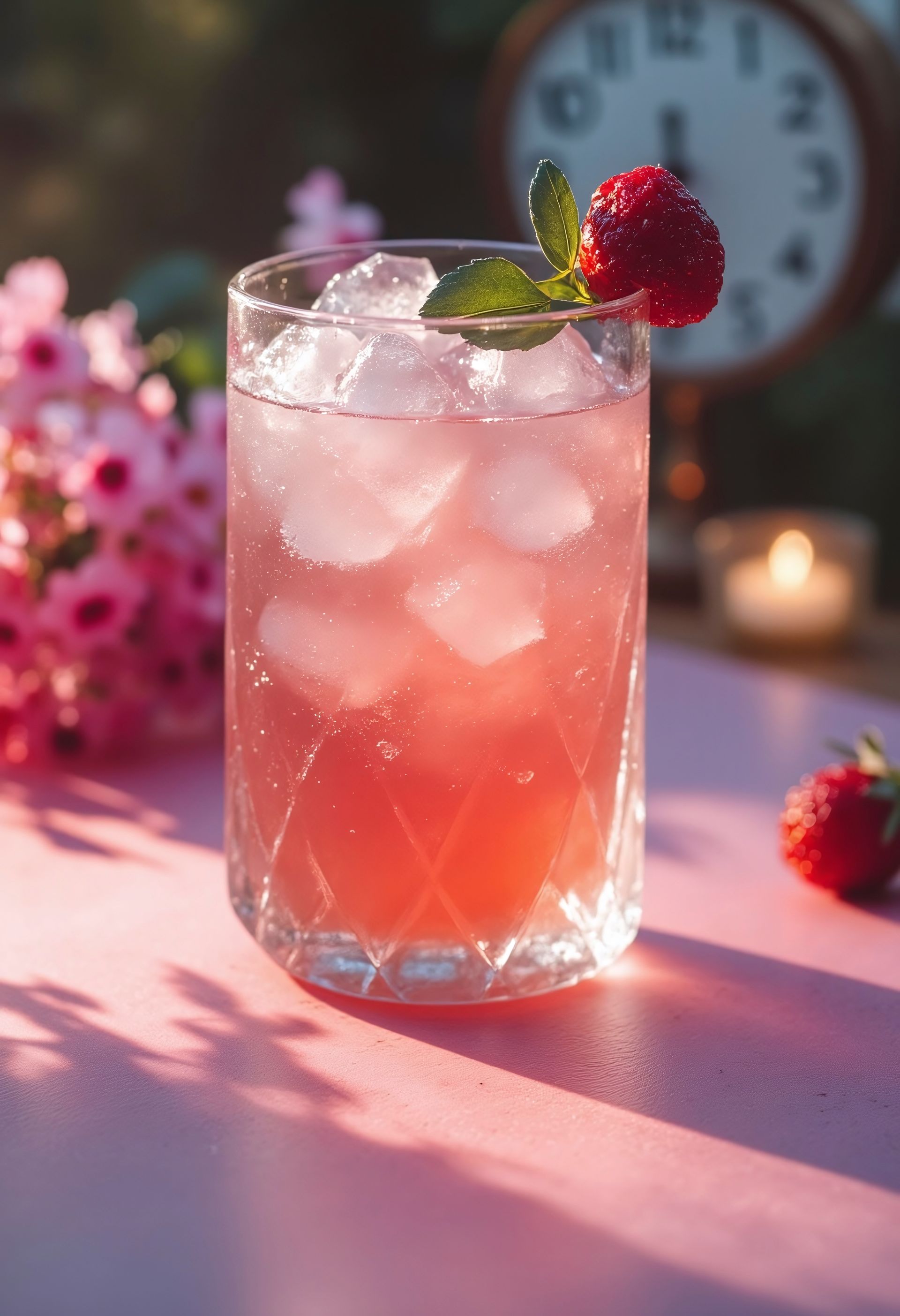 Cocktail rose servi dans un verre à motifs, avec de la glace, une fraise et de la menthe, sur un support rose orné de fleurs devant une horloge.