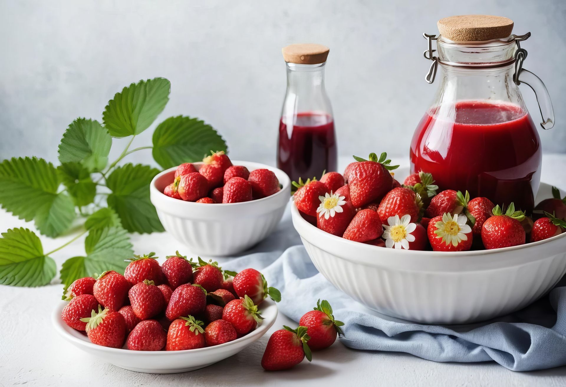 Des bols de fraises et des bouteilles de jus sur une surface blanche, avec des feuilles vertes en arrière-plan.
