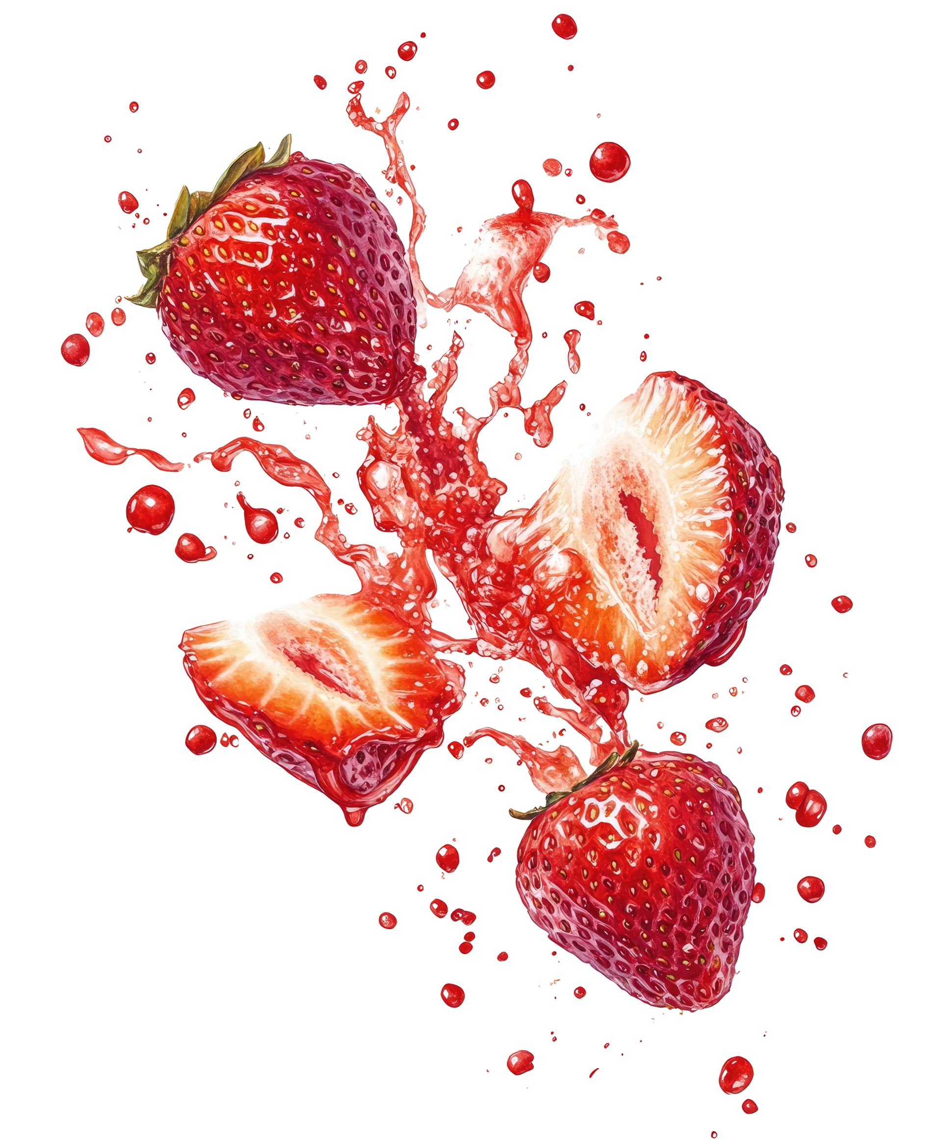 Des fraises, une entière et deux coupées, gorgées de jus rouge, se détachent sur un fond blanc.