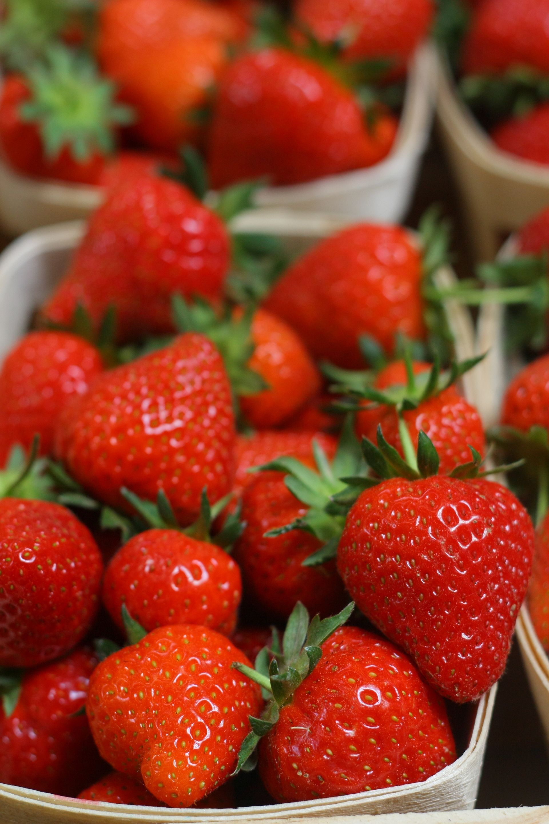 Fraises dans de petits paniers en bois. Fruits rouge vif à queues vertes.