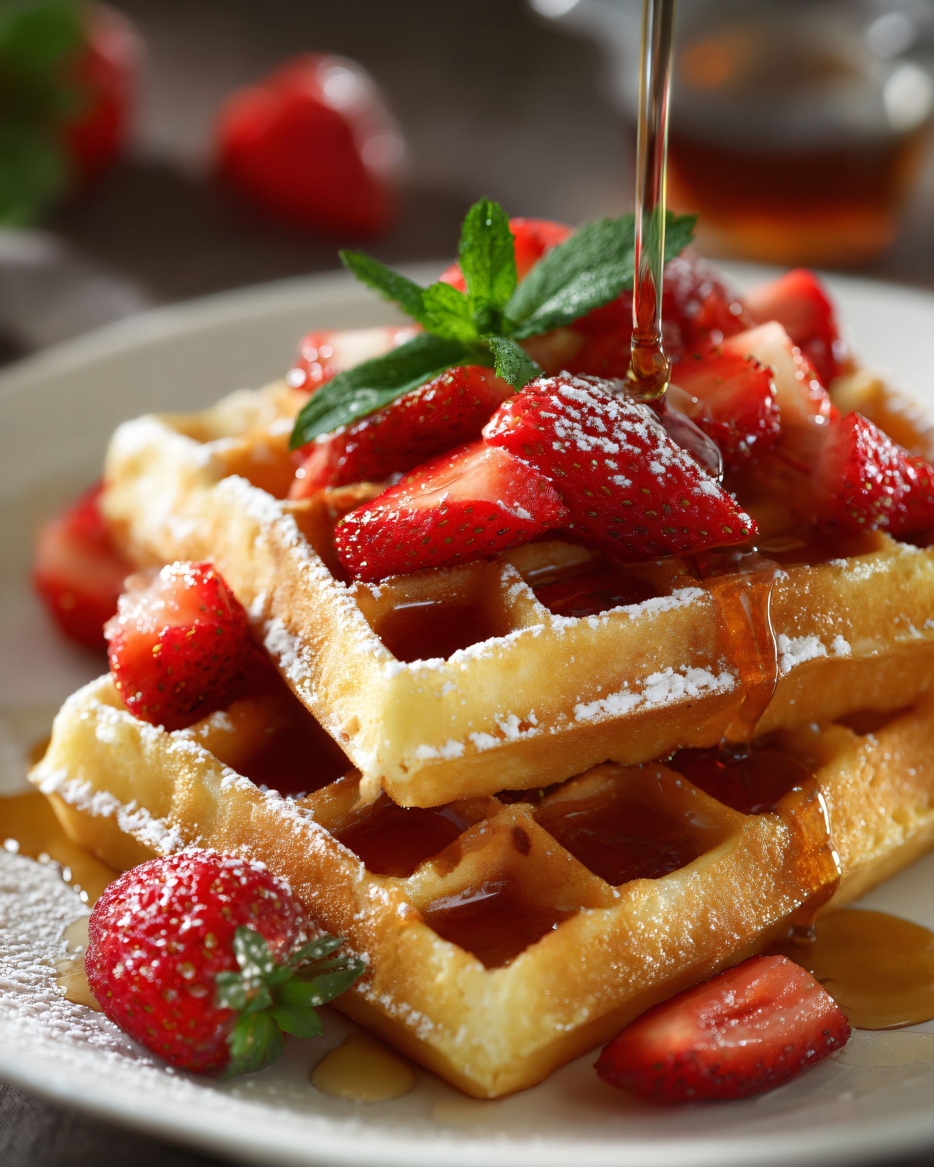 Gaufres garnies de fraises tranchées, de sirop et de menthe, sur une assiette blanche. Quelqu'un verse du sirop.