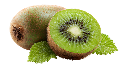 Kiwis, un entier et un autre ouvert en deux, à la chair vert vif et aux graines noires.