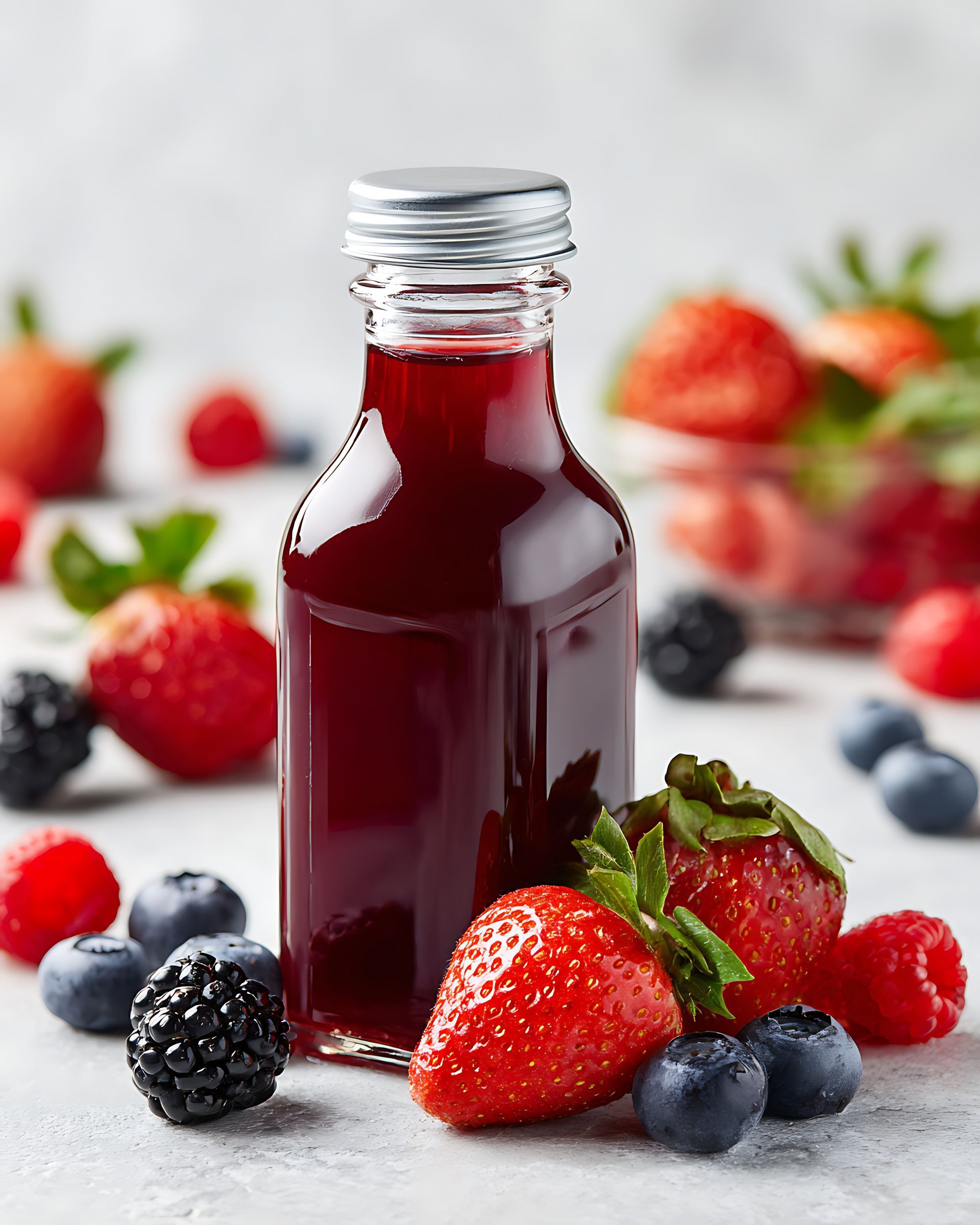 Bouteille contenant un liquide rouge foncé entourée de fraises, de myrtilles, de mûres et de framboises.