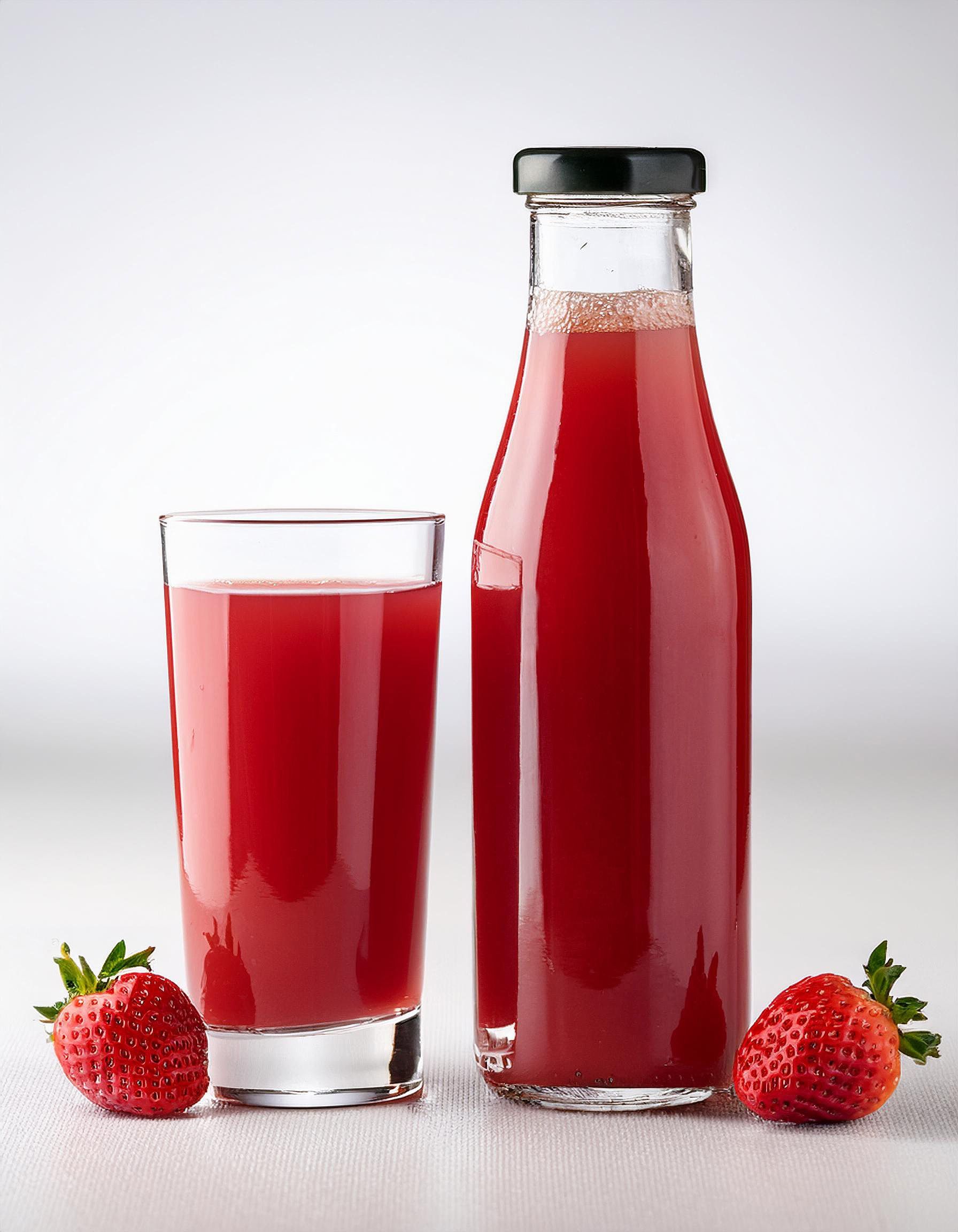 Bouteille et verre de jus rouge aux fraises.