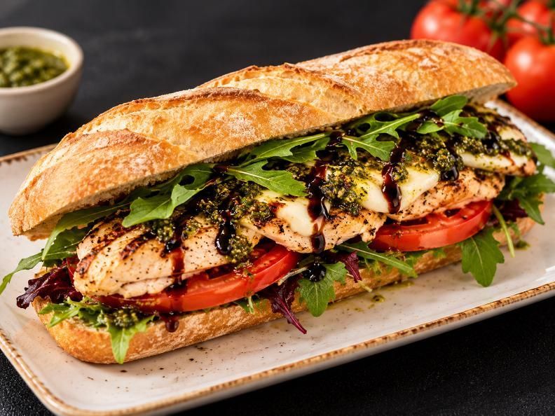 Sándwich de pollo a la parrilla con verduras de hoja verde y tomates en un plato, rociado con salsa