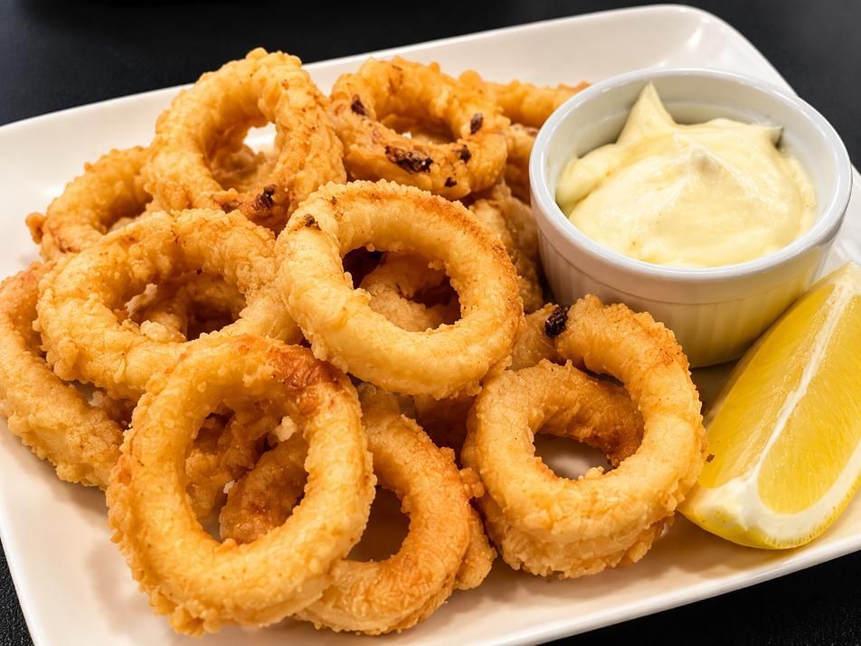 Plato de anillas de calamar doradas y fritas, con salsa para mojar y gajos de limón