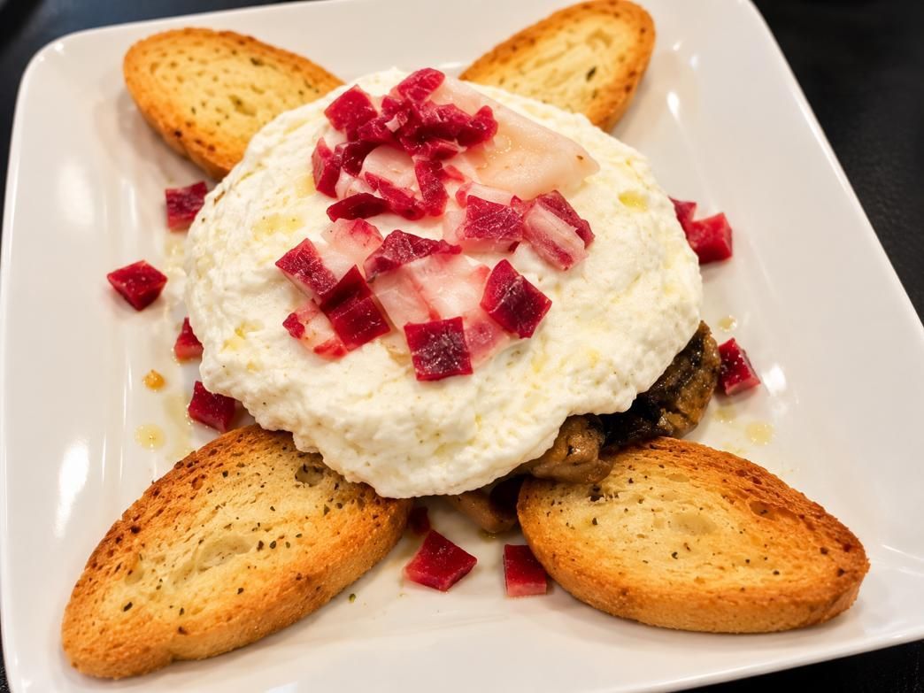 Postre emplatado con nata y fruta roja cortada en dados, rodeado de rodajas de biscotti tostadas