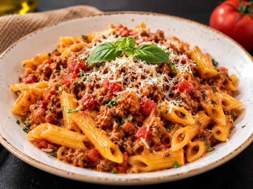Pasta penne con salsa de carne y albahaca por encima, en un plato blanco, con tomates al fondo