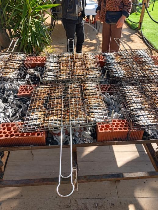 Parrilla metálica sobre una mesa con soportes de ladrillo, al aire libre, en un patio o jardín.