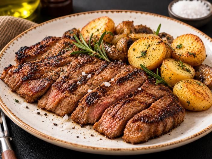 Filete a la parrilla con patatas asadas en un plato blanco, adornado con romero y sal gruesa.