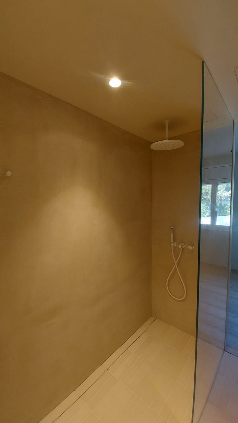 Ducha moderna vacía, con paredes beige, mampara de cristal, luz en el techo y rociador de ducha montado en la pared