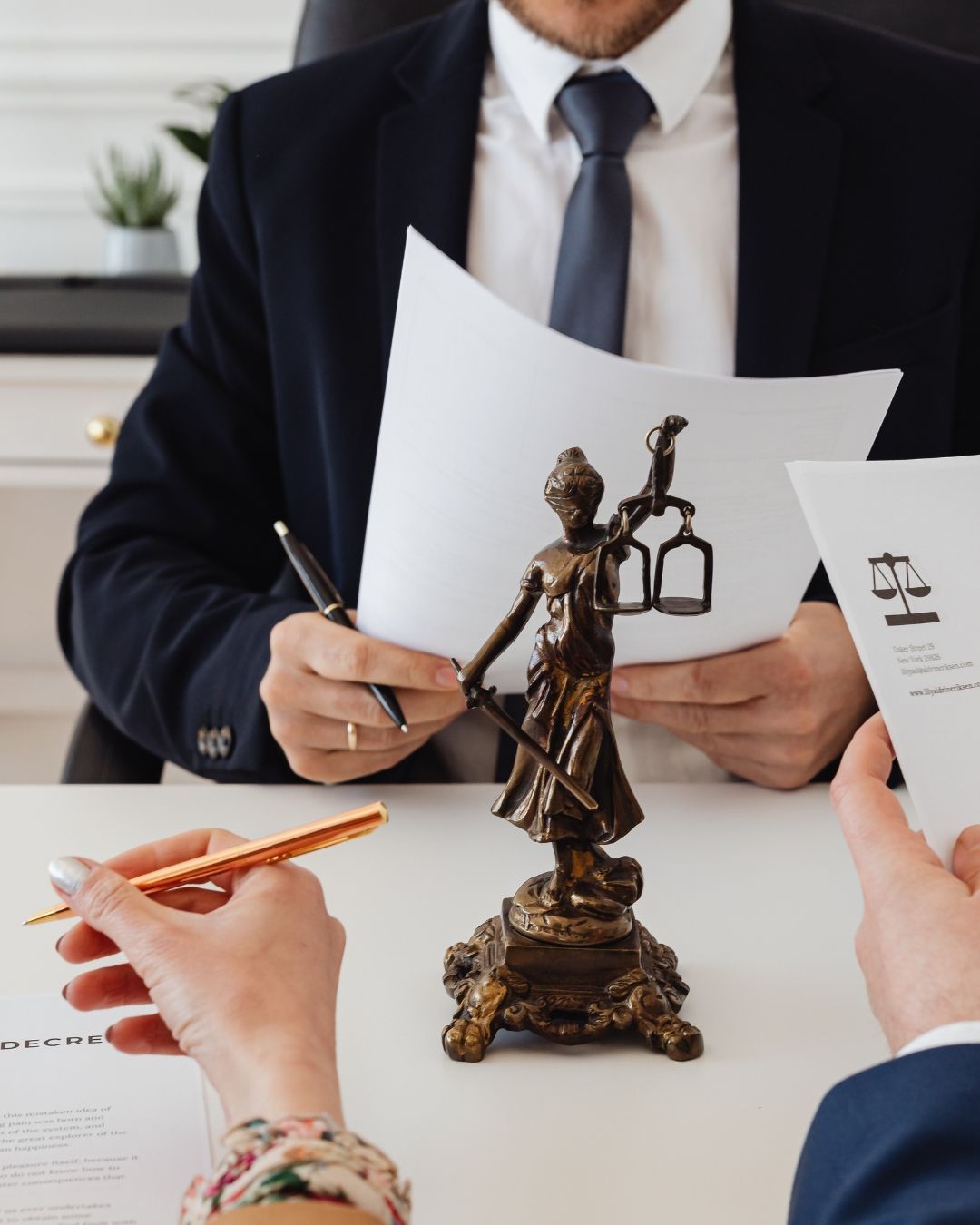 Una reunión profesional en un escritorio con una estatua de bronce de la Dama de la Justicia en primer plano y documentos sostenidos por dos personas.