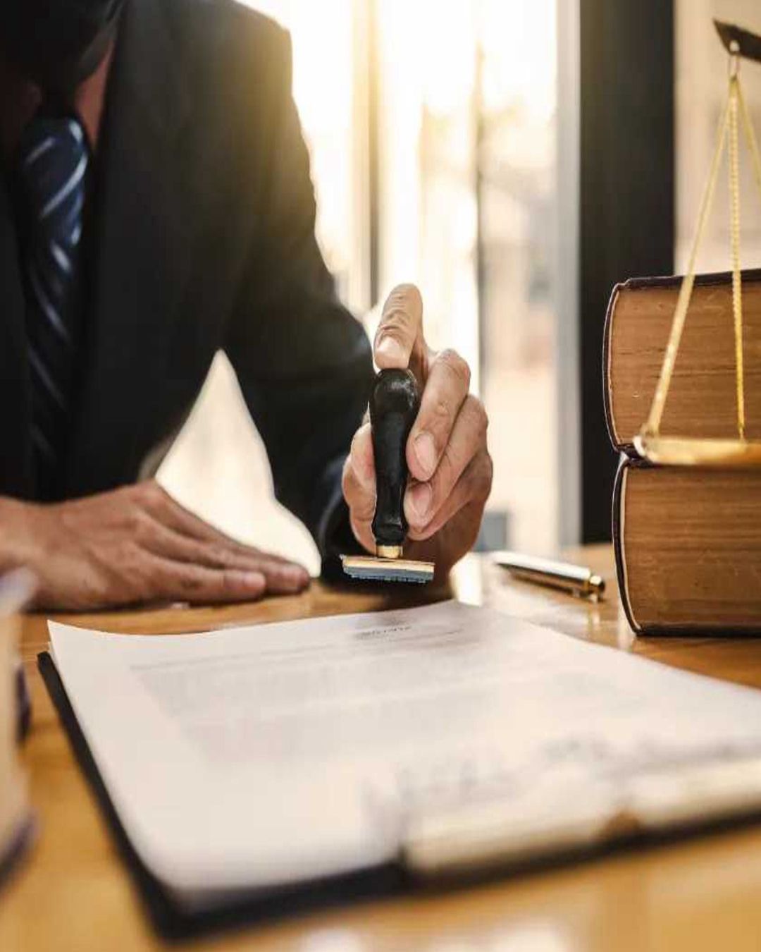 Un profesional vestido de traje estampa un sello de goma sobre un documento que se encuentra sobre un escritorio junto a reglas y libros de derecho.