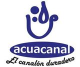 El logo de acuacanal es azul y blanco y dice el canalon duradero