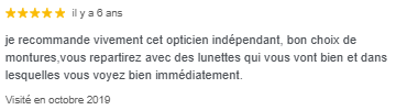 Un avis cinq étoiles pour un opticien indépendant, indiquant que les clients repartent avec des lunettes bien adaptées et efficaces.