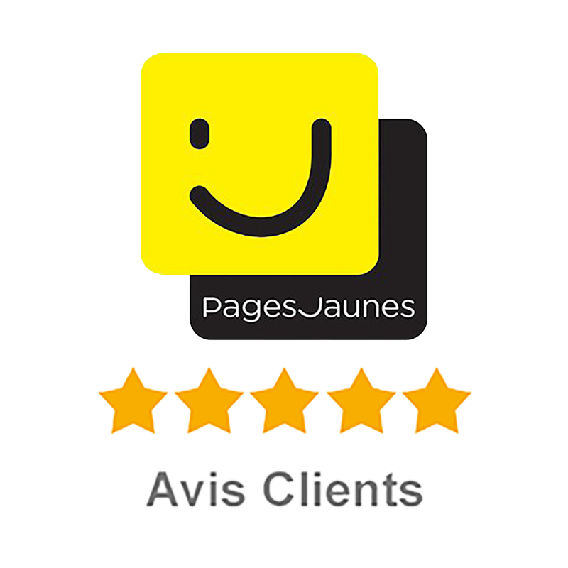 Logo PagesJaunes avec une icône de visage souriant jaune au-dessus de cinq étoiles dorées et le texte « Clients Avis ».