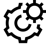 Un icono en blanco y negro de dos engranajes sobre un fondo blanco.