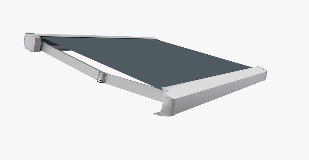 Un toldo gris con un marco blanco sobre un fondo blanco.