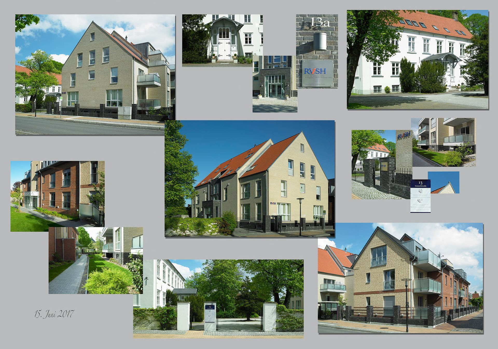 Eine Collage aus Bildern von Häusern und Bäumen mit grauem Hintergrund