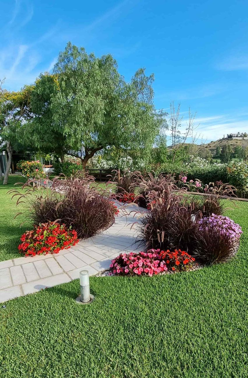 Hay un camino en el medio del jardín rodeado de flores.