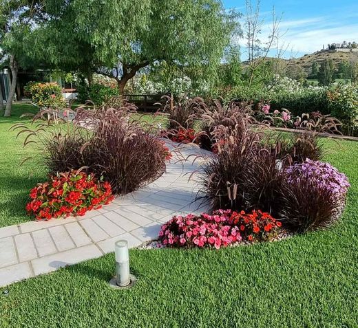 Un paseo en un jardín rodeado de flores y arbustos.