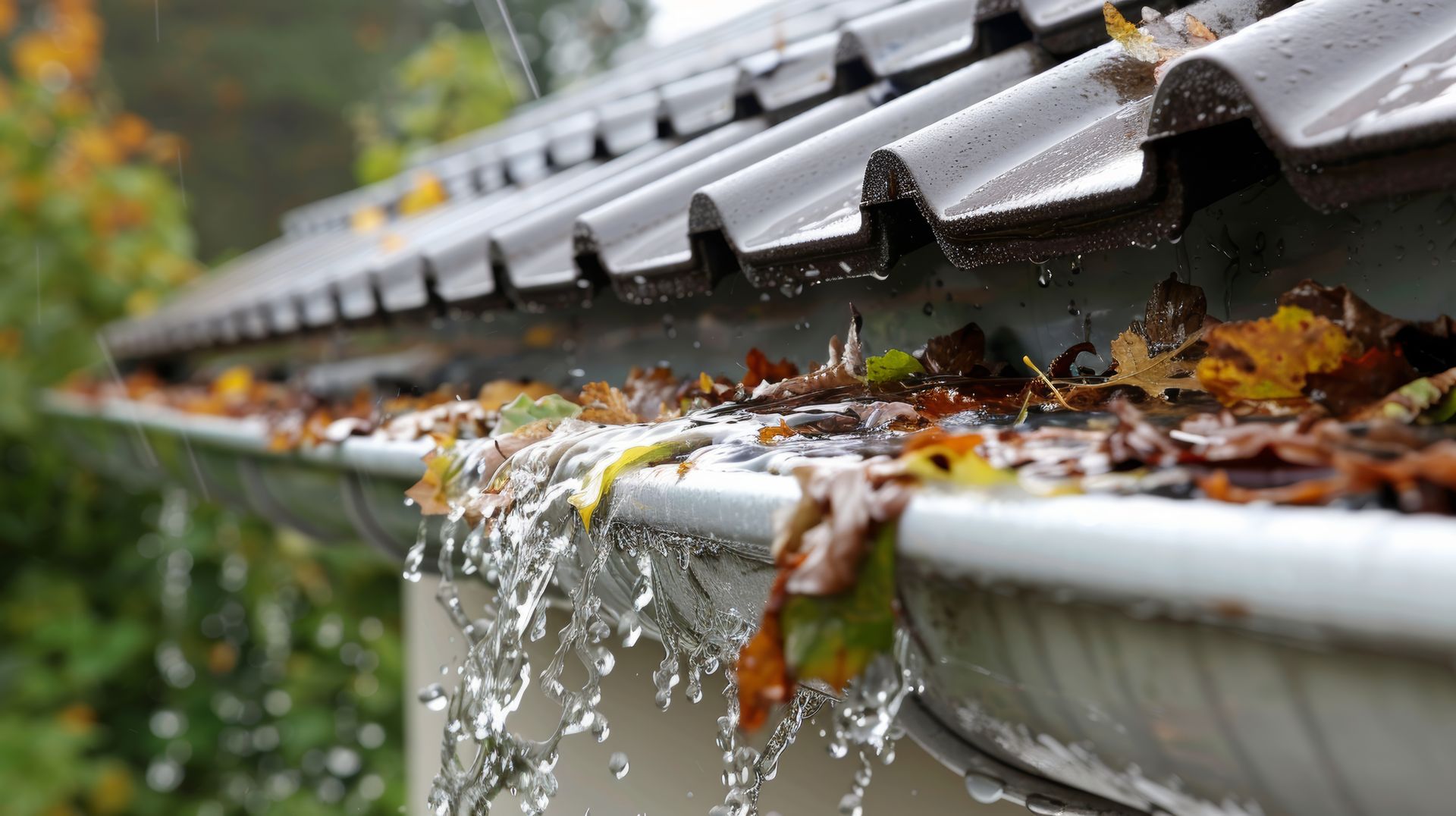 Eau de pluie s'écoulant d'une gouttière remplie de feuilles sur le toit d'une maison.