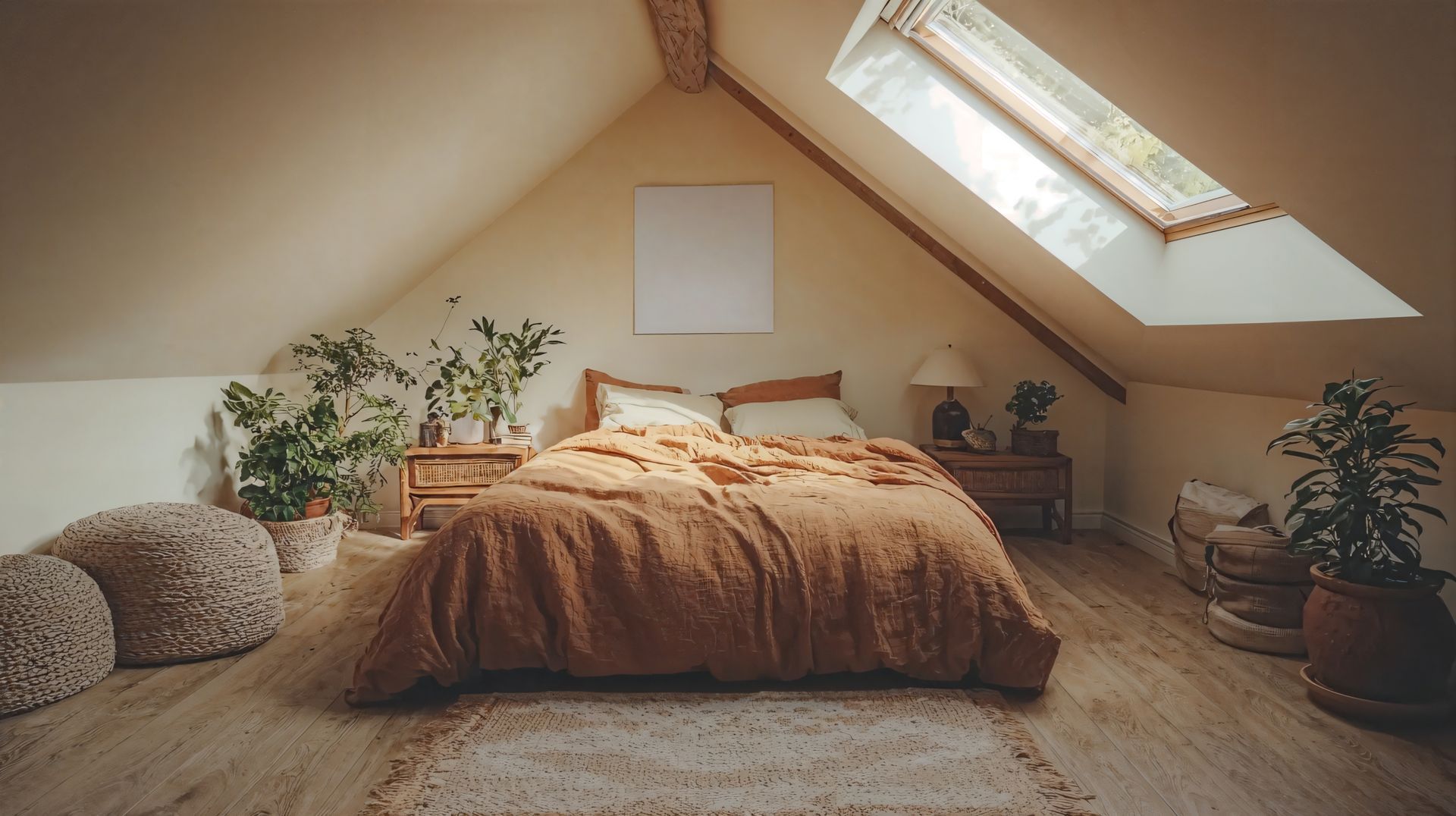 Chambre mansardée confortable avec un lit, un puits de lumière, des plantes et une décoration aux tons neutres et doux.