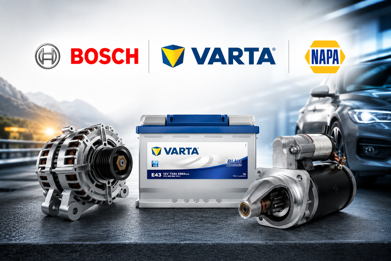 Batteries et alternateurs automobiles Bosch, Varta et NAPA sur une route avec une voiture en arrière-plan