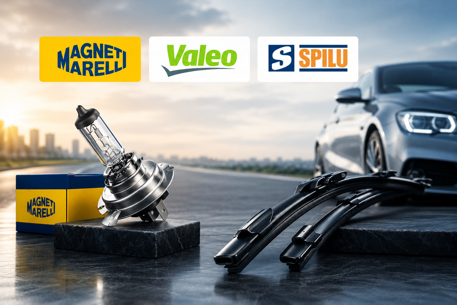 Présentoir de pièces automobiles avec les logos Magneti Marelli, Valeo et Spilu à côté d'essuie-glaces et d'une ampoule sur une route.