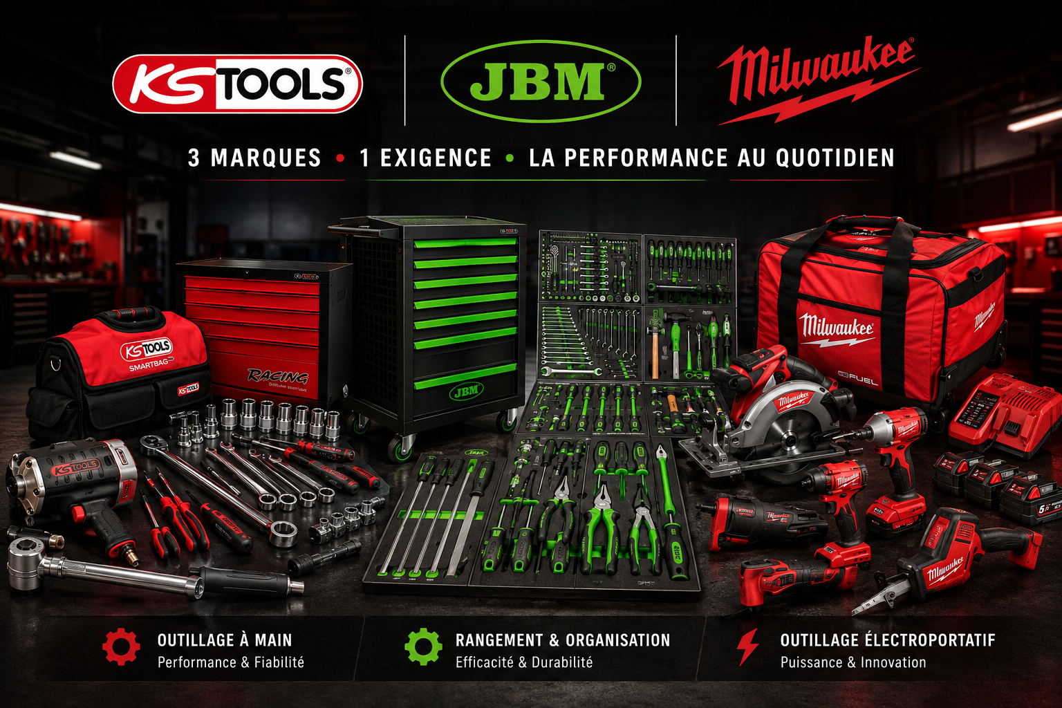 Présentoir d'outils avec coffrets rouges, verts et noirs de marques KS Tools, JBM et Milwaukee.