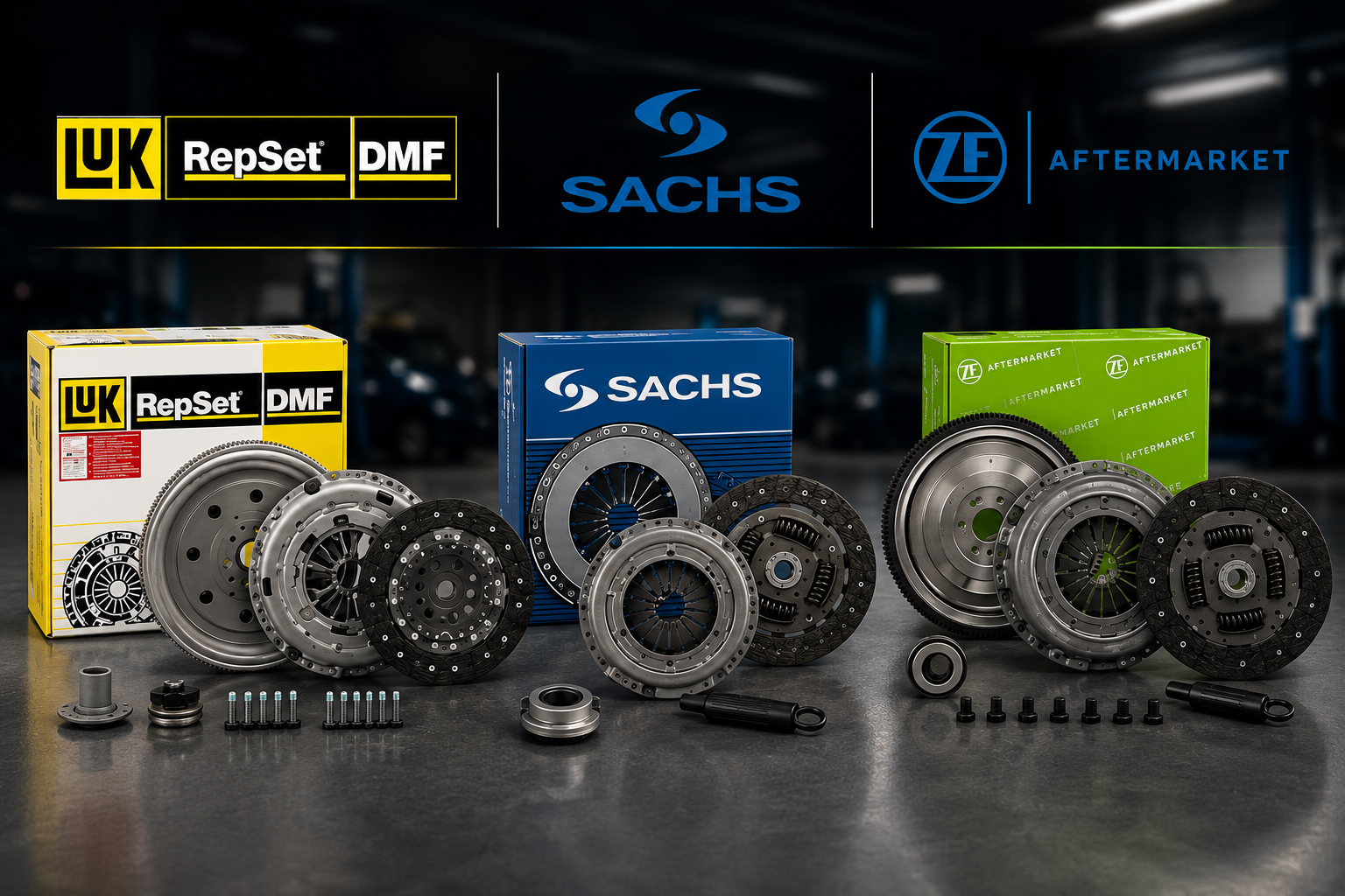 Assortiment de kits d'embrayage et de pièces détachées pour automobiles de marques LuK, Sachs et ZF, présentés sur une surface sombre.