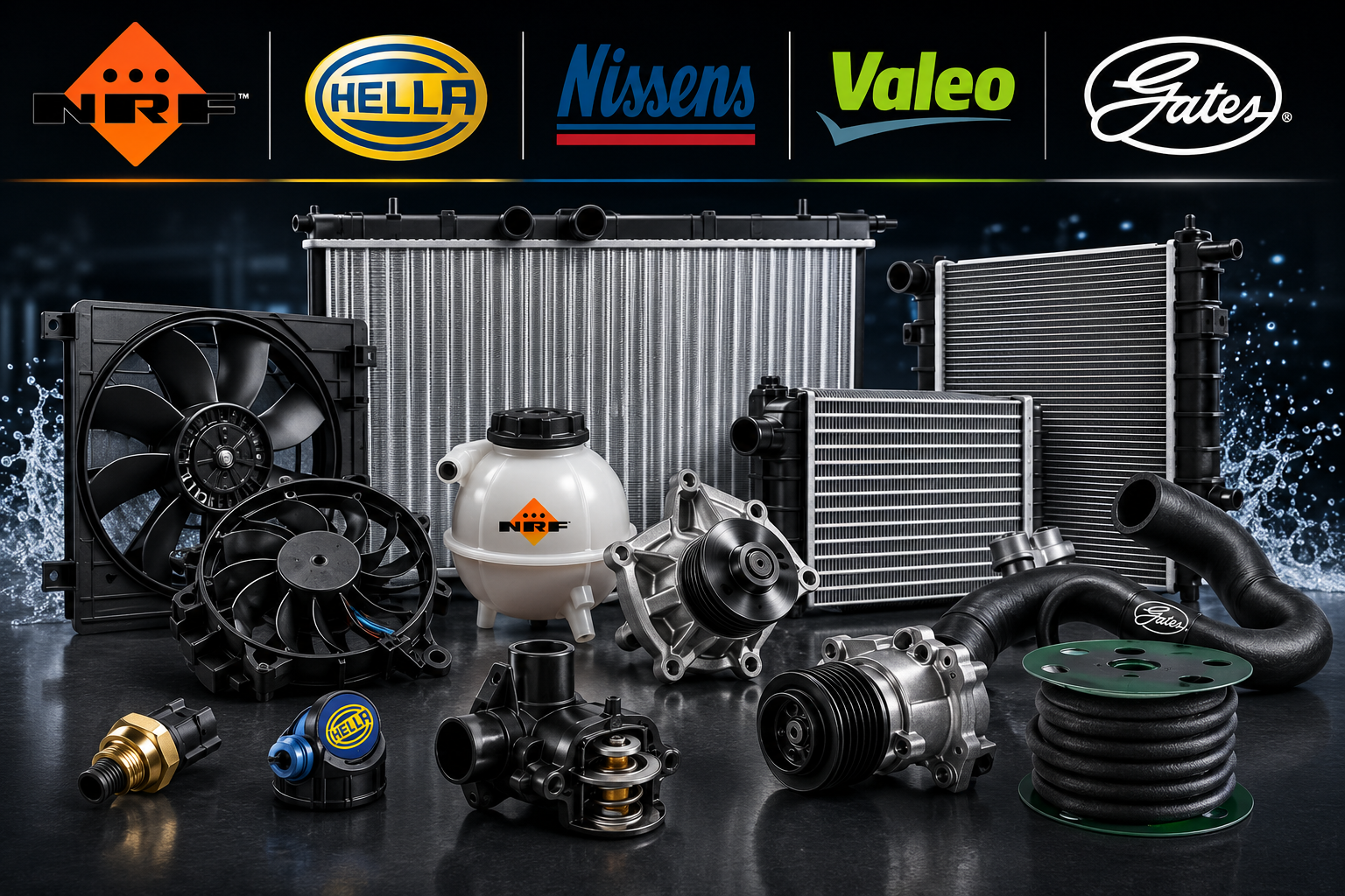 Assortiment de pièces de refroidissement automobile comprenant ventilateurs, radiateurs, pompes, courroies et logos de marques sur fond sombre.