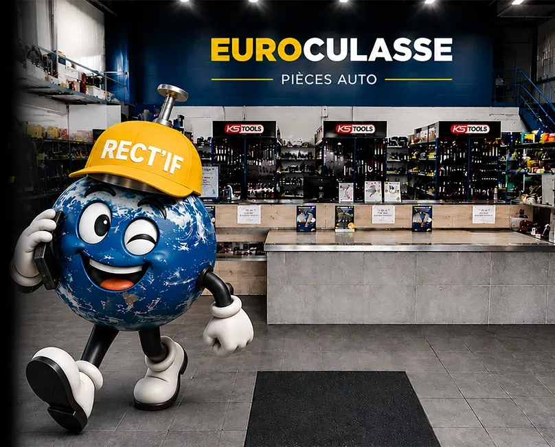 Une mascotte de planète Terre coiffée d'une casquette jaune fait un clin d'œil à l'intérieur d'un magasin de pièces automobiles avec une enseigne « EUROCULASSE ».