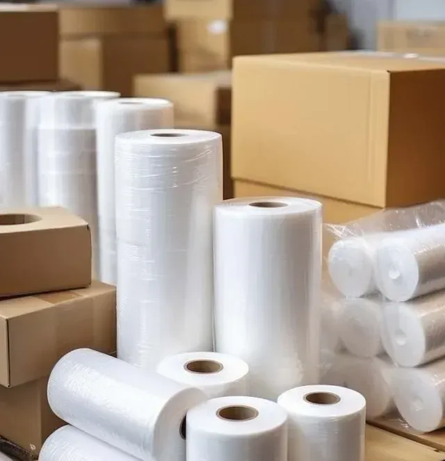 Los rollos de film plástico se apilan encima de cajas de cartón.