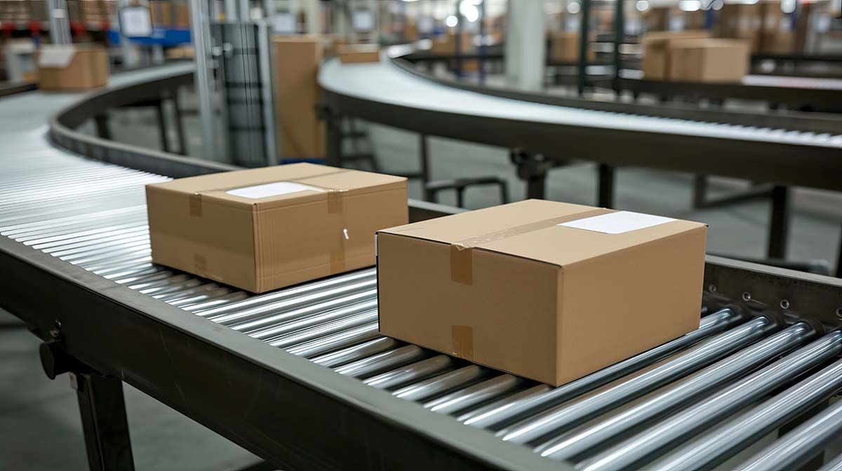 Dos cajas de cartón están colocadas en una cinta transportadora en un almacén.