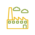Un dibujo lineal amarillo y verde de una fábrica con nubes en el fondo.