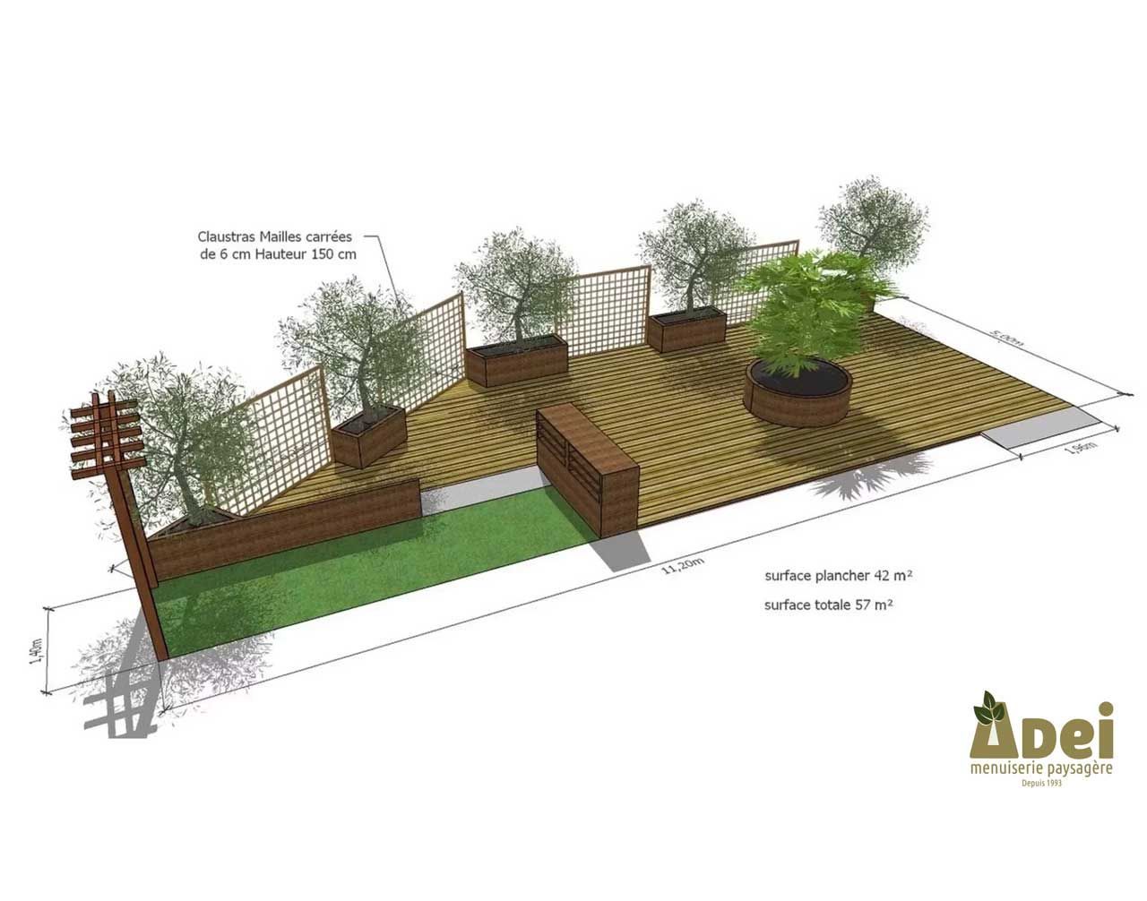 Un plan 3D d'un aménagement de terrasse en bois