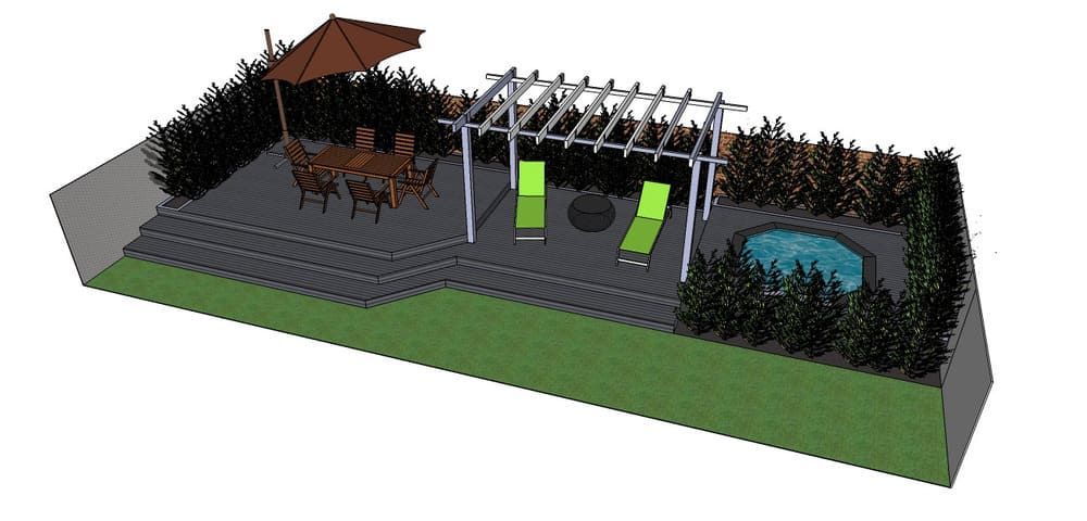 Projet 3D d'une terrasse de particulier avec pergola et piscine