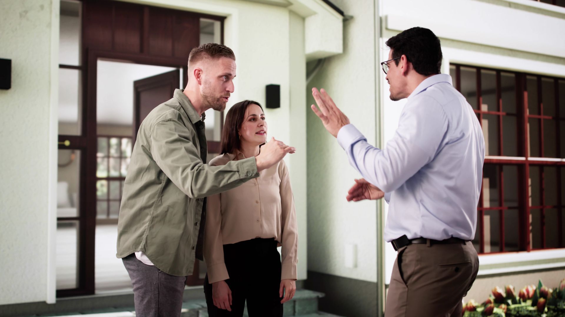 Un couple se dispute avec un homme devant une maison.