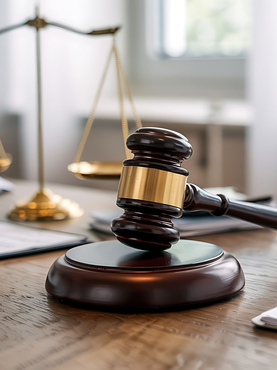 Maillet sur un bloc de bois, balance de la justice sur un bureau en bois.