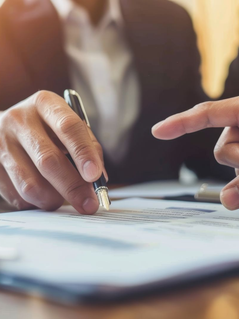 Des mains pointent un document avec un stylo, signant un contrat dans un bureau.