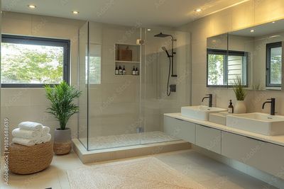 Une salle de bains moderne avec une douche vitrée, deux lavabos sur un meuble-lavabo.