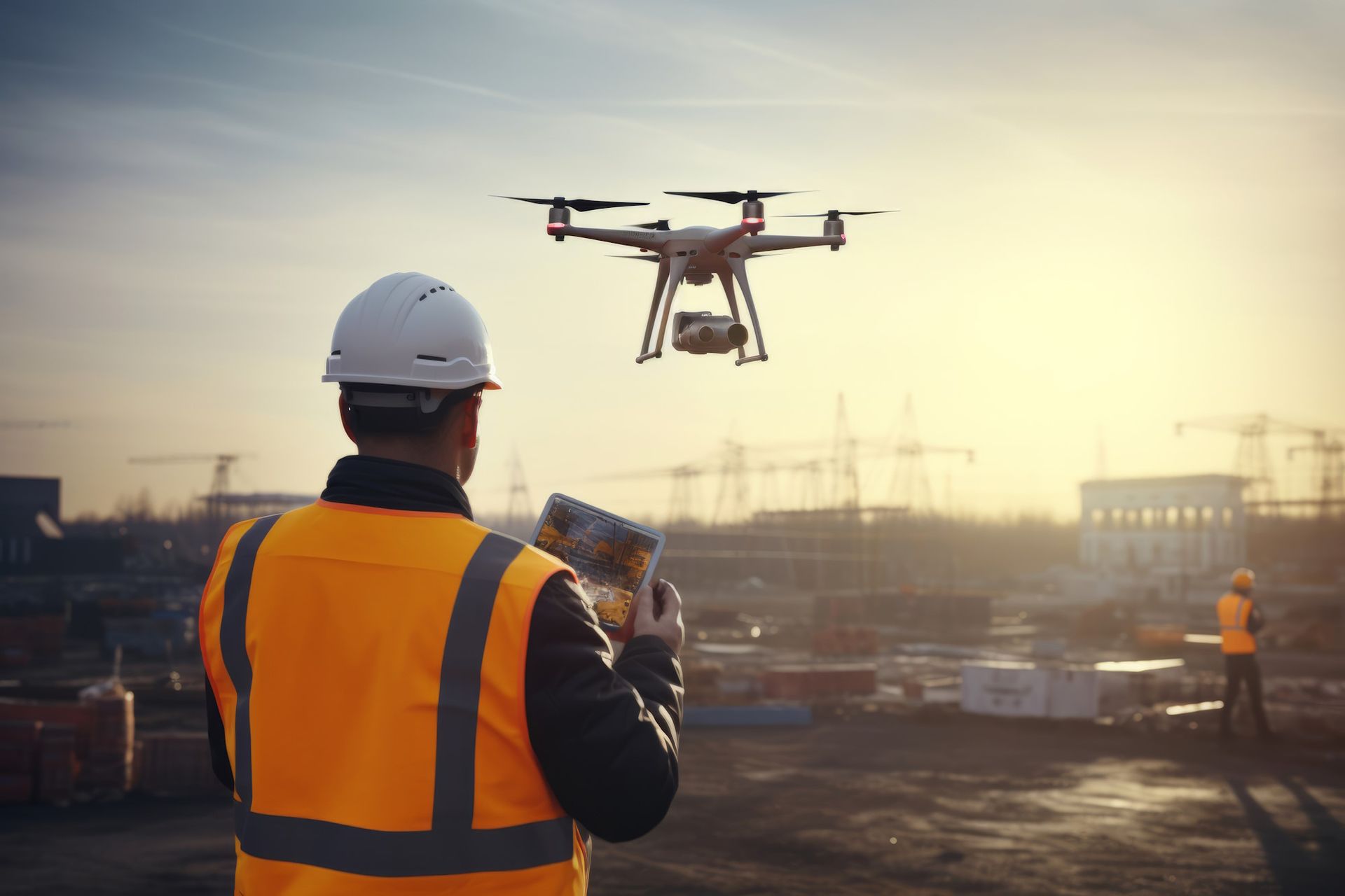 Vermessungsingenieur eines Vermessungsbüro in Schorndorf beim Helikopter-Mapping eines Bauprojekts