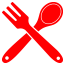Un tenedor y una cuchara rojos cruzados uno sobre el otro sobre un fondo blanco.