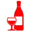 Una botella de vino y una copa de vino sobre un fondo blanco.