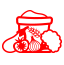 Un dibujo en rojo y blanco de un cubo de comida.